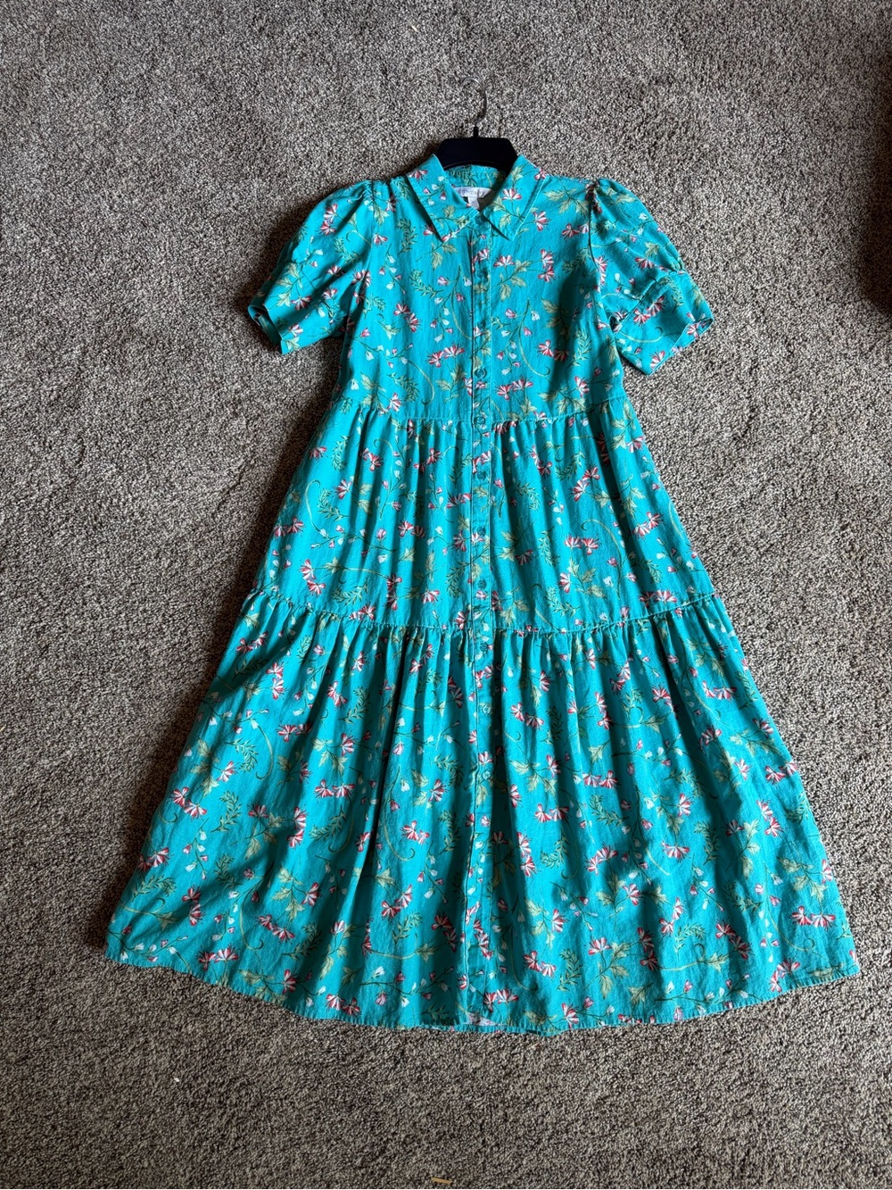 Turquoise Floral Collared Tiered Button Front Midi ShirtDress Pockets Linen Sz S - Picture 2 of 10
